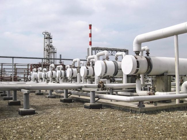Heat exchangers in a refinery. The equipment for oil refining